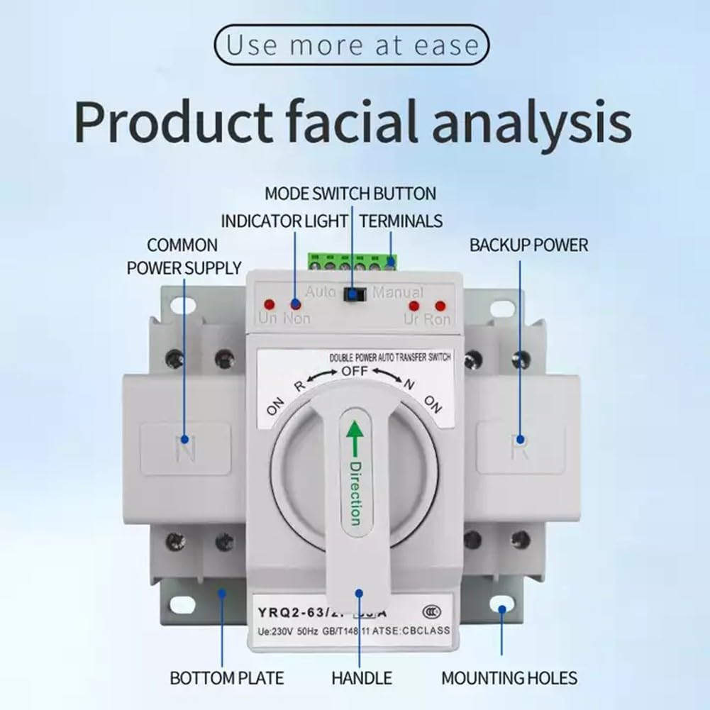 Interruttore automatico 63 A per generatore, Dual Power, con alloggiamento ignifugo, alimentazione sicura per casa e commercio in caso di guasto, facile montaggio, bianco