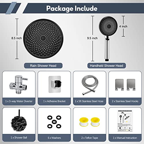 Rain Shower Head With Handheld Spray, Lanhado 8.5'' Shower Head With Hose, 3 Setting High Pressure Shower Heads, Anti-Leak Rainfall Shower Head With Holder, Waterfall Showerhead, Silver #TOP6