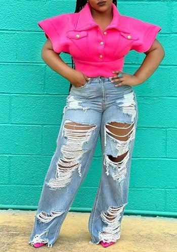 LKOUS Women's Baggy Ripped Denim Pants, Cut Out Destroyed Tassels Jeans with Pockets4
