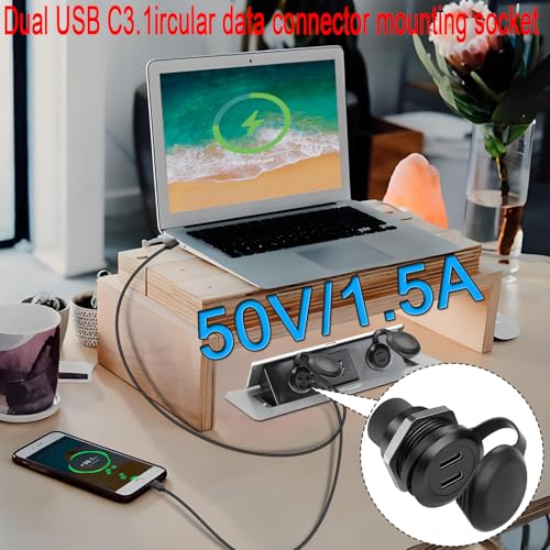 QIANRENON 10 Gbps Dual USB C 3.1 gwint stały adapter montażowy, 2 porty USB typu C 3.1, gniazdo na gniazdo, wbudowany panel montażowy, okrągły przyłącze, osłona przeciwpyłowa, montaż w panelu