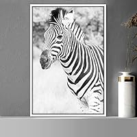 Framed Canvas Wall Art Duotone Zebra Animals Black and White Chic Duotone Expressive Grey Living Room Photography Zebra - 16x24 inches