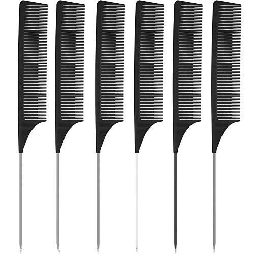 6 Pieces Highlighting Weaving Comb Rat Tail Hair Comb Pintail Comb Foiling Sectioning Hair Comb Carbon Fiber Teasing Comb Fine Teeth Parting Comb with Stainless Steel Pin Needle Tail (Black)