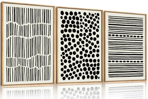 Image of KAIRNE Abstract Black and White Framed Canvas Wall Art Set, Modern Geometric Wall Decor, Minimalist Line Art Prints, Neutral Boho Dots Artwork for Living Room, Bedroom, Farmhouse, Office -16 inchx24 inchx3