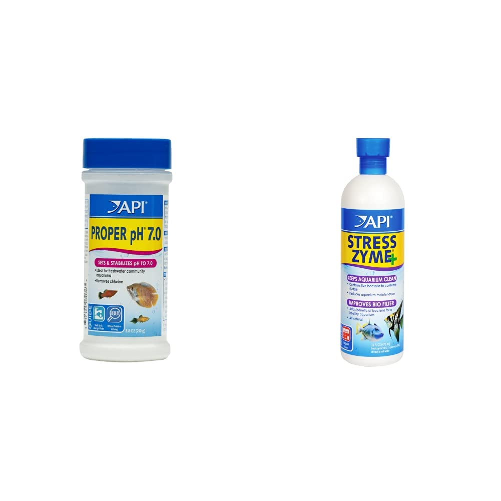 Proper pH 7.0 Freshwater Aquarium Water pH Stabilizer and API Stress Zyme Aquarium Cleaning Solution Bundle