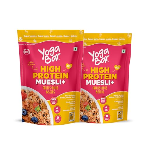 Image of Yogabar High Protein Muesli Fruits & Nut 850Gm Pack of 2, 22G Protein | Packed With Apple, Almonds, & Super Seeds| Best High Protein Breakfast Cereal For Energy & Nutrition