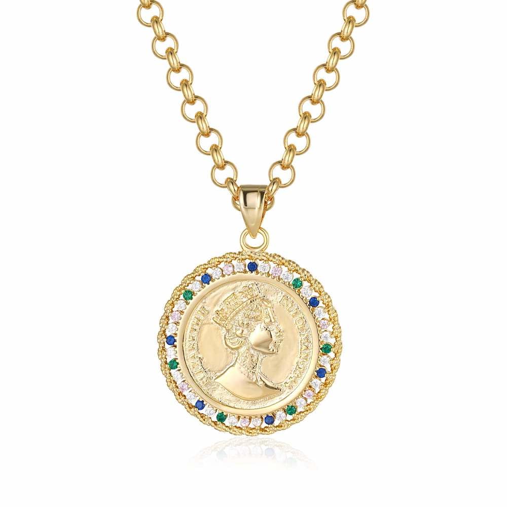 THE BLING KING Gold Queen Elizabeth Coin Pendant with Multi Colour Stones: Opulent, Luxurious Finish, Large Gold Plated Jewelry Pendant measures 37mm Chain width: 5.5mm, Length: 22", Weight: 45g,