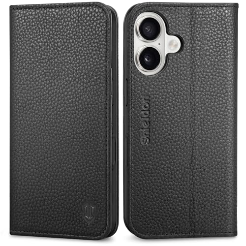 SHIELDON Case for iPhone 16 6.1" 2024, Genuine Leather Wallet Magnetic Cover RFID Blocking Card Slot Kickstand Shock-Absorbent TPU Phone Holder Case Compatible with iPhone 16 5G - Pebbled Black by SHIELDON - Used condition - US$23.03