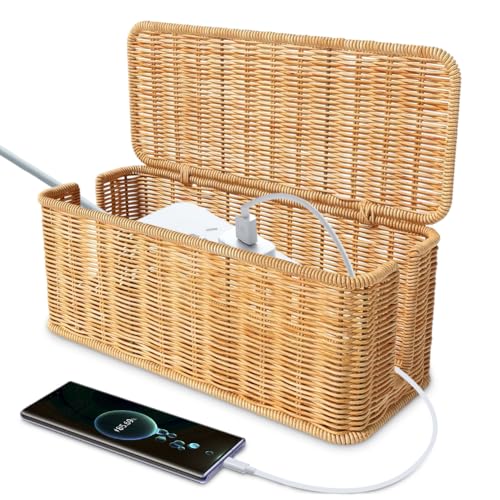 Kabelbox, Handgemachte Kabelbox, Rattan Kabelmanagement Box zum Verstecken von Kabeln, Kabel Organizer Box für Schreibtisch, TV Drähte & Power Strip, Kabelsalat Verstecken, Steckdosenbox für Büro&Haus