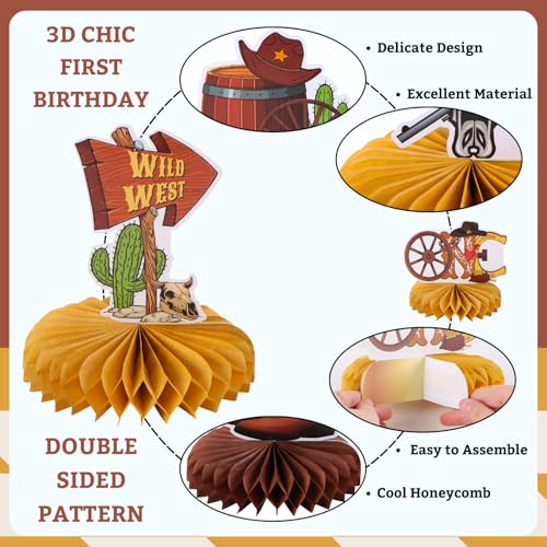 Image of 9pcs Western Cowboy Honeycomb Centerpieces for Wild West First Birthday Party Decorations 1st Rodeo Cowboy Boot Table Centerpieces for Baby Shower One Birthday Celebration Tabletop Sign Decors