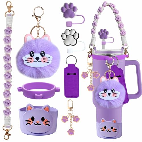 FRZSHENG 8Pcs Cat-Themed Cup Accessories for Stanley Tumbler, Includes Cat Paw Straw Topper, Water Bottle Handle, Boot, Fluffy Cat Face Charms, Keychain And Lip Balm Sleeve (Purple)