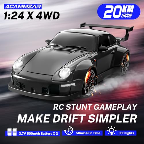 Image of ACAMMZAR RC Drift Car, 1:24 Remote Control Car for Kids, 20KM /H 4WD High Speed RC Cars with Lights, Extra Racing Tires, Vehicle for Adults Boys Girls, Black