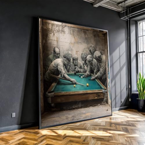 XINBAO Lienzo con escena de juego de billar vintage, arte mural de hombres mayores jugando al billar, decoración retro para sala de juegos, pintura mural urbana realista (45x45cm/marco interior)