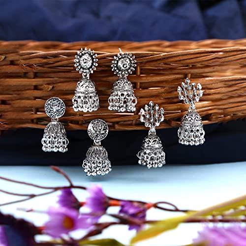 Image of Yellow Chimes Earrings for Women & Girls | Traditional Silver Oxidised Jhumka | German Silver Oxidized Drop Earring Set | Earrings Combo | Accessories Jewellery | Birthday & Anniversary Gift