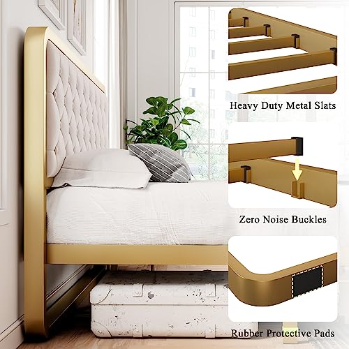 Feonase Full Size Metal Bed Frame With Upholstered Headboard, Platform Bed Frame With Steel Slats, 12" Storage Space, No Box Spring Needed, Noise Free, Easy Assembly, Golden And Beige #TOP6