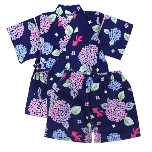 甚平 ベビー 女の子 綿100％ 日本製生地 じんべい スーツ上下 祭 子供甚平 JB091G 紫陽花/紺-9077 80cm