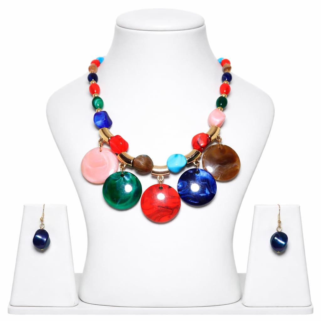 Women’s Tribal Necklace and Earrings Set Chunky Beaded Fashion Jewelry for Beach Wedding, Summer Party, Birthday, and Anniversary Gift Set of 1