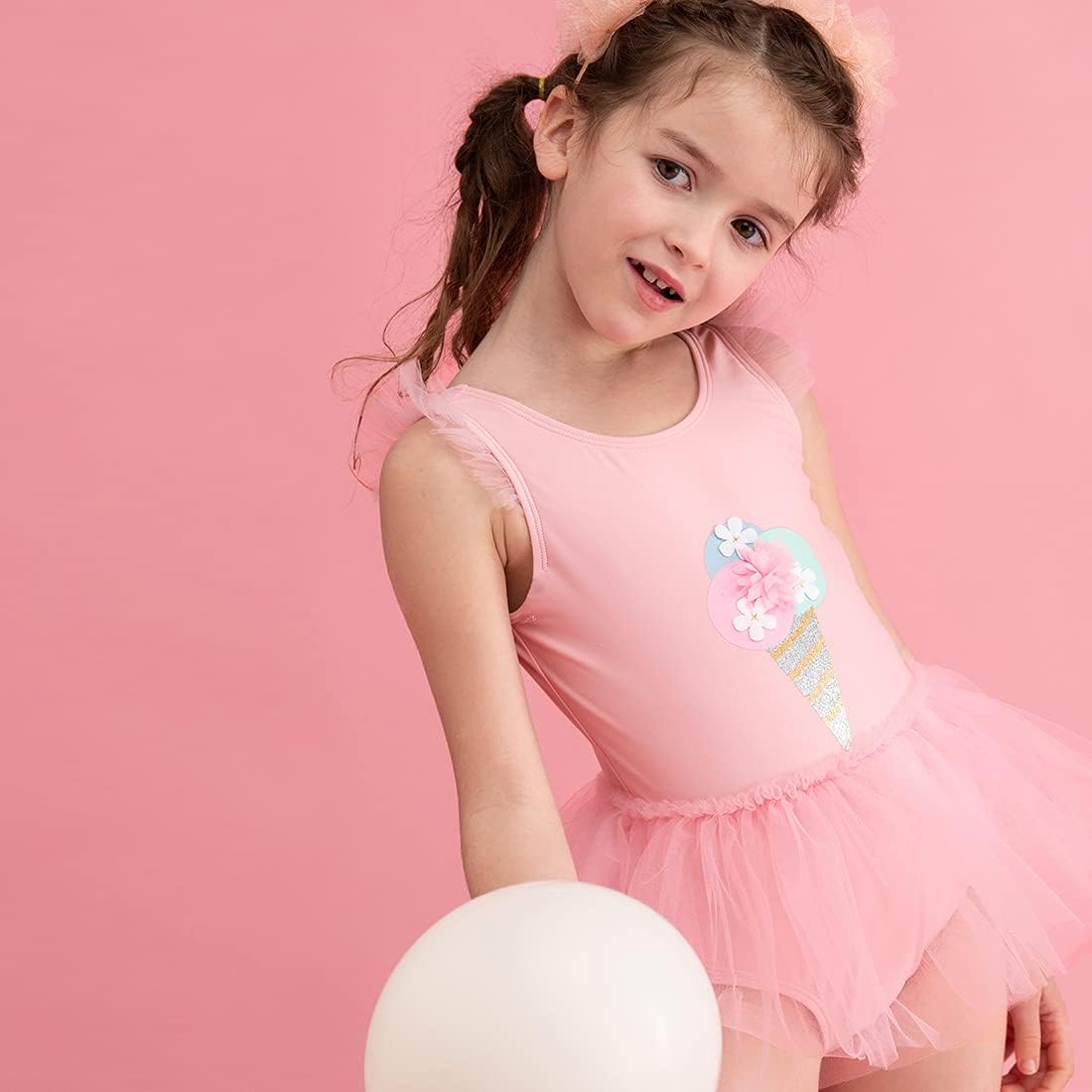 Julysand Toddler Girls One Piece Swimsuit Pink 3D Ice Cream Ruffled Bathing Suit Mesh Skirt Swimwear - Image 2