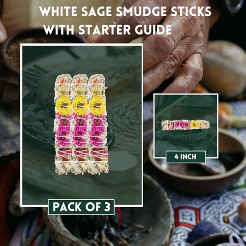Ancient Veda Joy Organic White Sage Smudge Sticks with Flowers for Cleansing Home, Meditation, Yoga, Healing and Smudging | Sustainably Sourced California White Sage Bundles (3 Pack - 4 Inch) - Thumbnail 2