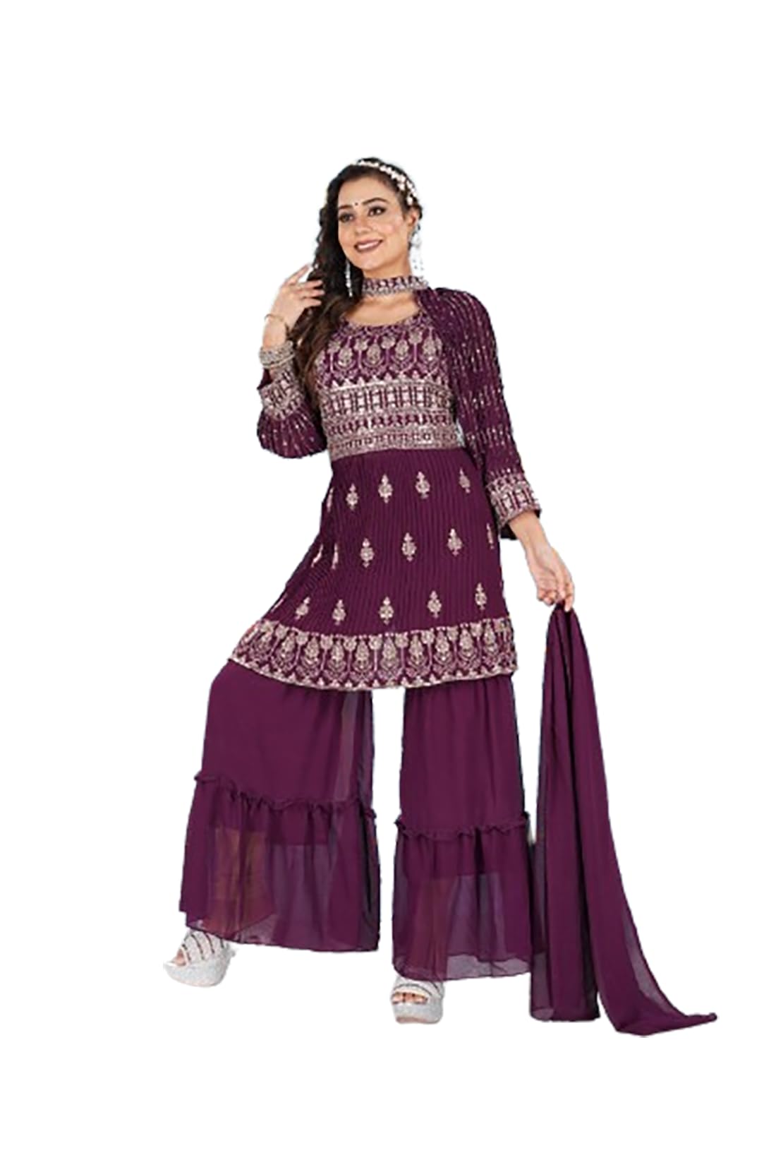 K Sam Collection Women Georgette Kurti with Sharara and Shararaand Dupatta Fancy Sleeves 4 Piece Set, (Maroon_ XL) Pack of 2