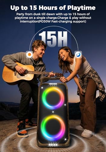 Image of Foxdawn Portable Bluetooth Speaker: 240W Peak Powerful Loud Sound Deep Bass Wireless Boombox Large Subwoofer 15 Hours Battery Life Fast Charging with Led Light Show for Party Outdoor Camping Backyard
