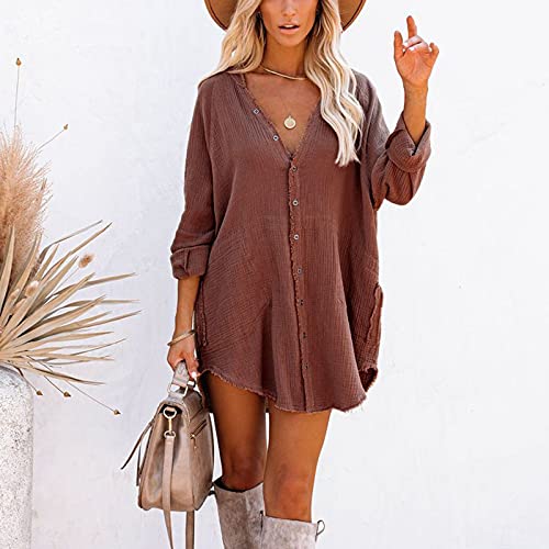 Briskorry Dames onregelmatige oversized blousejurk katoen casual vintage shirt met lange mouwen knoopsluiting herfst blousetops longshirt los vrije tijd bovenstuk hemd T-shirt - Image 3