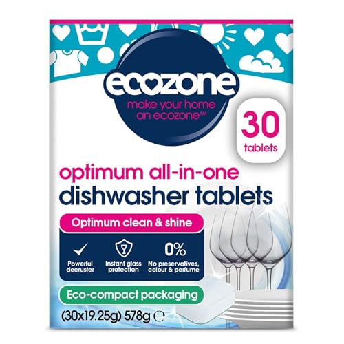 Ecozone Optimum - Pastillas para lavavajillas todo en uno, 30 pastillas para lavar platos con sal, ayuda de enjuague y efecto extra seco, potente desengrasante y pestañas para lavar platos, ecológicas