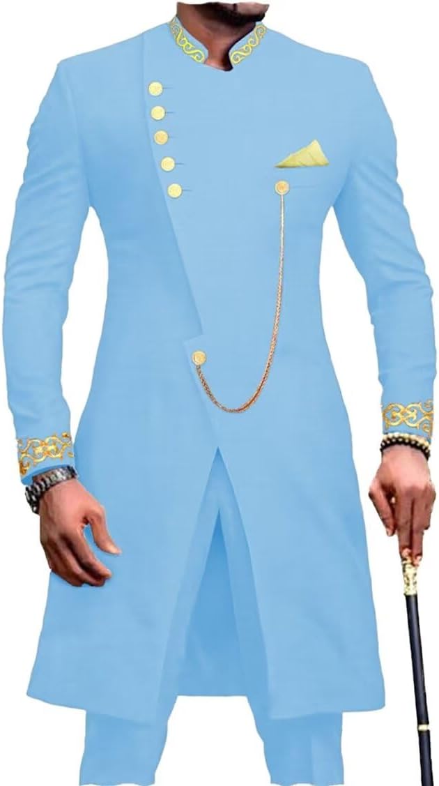 African Clothes Men`s Suit 2 Piece Set Ankara Embroidery Blazer Jacket and Pants Slim Fit Dashiki Outfit