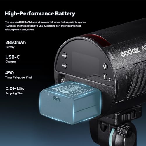 Image of Godox AD100ProII 100Ws Pocket Portable Studio Flash, Compatible with Canon Nikon Sony, 2850mAh Battery 360 Flashes 1 /8000s HSS TTL, IP54 Outdoor for Wedding Portrait Photography