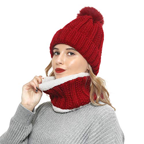 Vanansa Cappello Sciarpa Set Donna, Inverno Combinazione Set di Sciarpa ad Anello Donna 3 Colori Set Sciarpa ad Anello, Vino Cover