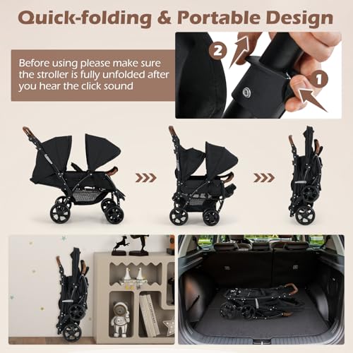 INFANS Double Stroller, Foldable Baby Tandem Stroller with Djustable Backrest Canopy Footrest, 5-Point Harness, Storage Basket, Convertible Compact Twin Stroller for Infants and Toddlers