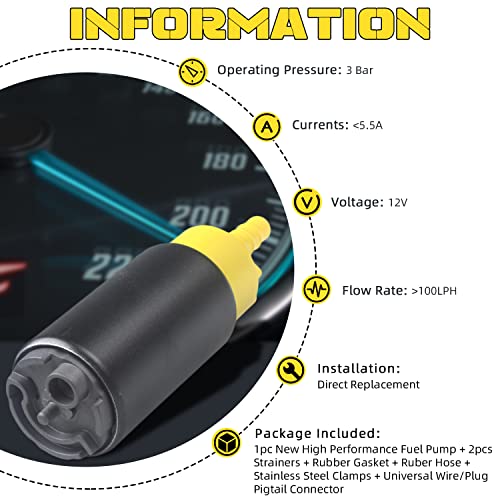 Lqqdp New 1Pc High Performance Electric Gas Intank Efi Fuel Pump With Strainer/Filter + Rubber Gasket/Hose + Stainless Steel Clamps + Universal Wiring Harness/Plug Pigtail Connector & Installation Kit #TOP1