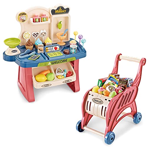 Supermarket Play Set Toy, Mini Dessert Shop Play,Toy Store Pretend Food, W/Shopping Cart for Kids Toddler, Unisex Age 3 4 5 Years.