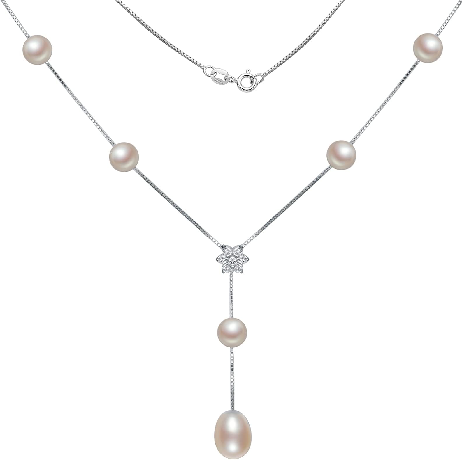CRANE PEARL Pearl Necklace, 925 Sterling Silver Freshwater Cultured Pearl Necklaces for Women with a Pearl Pendant, Wedding Pearl Jewelry Gifts for Ladies Brides