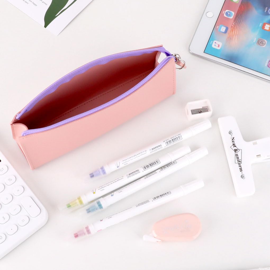 Oyachic 2Pcs Leather Pencil Case Big Capacity Pen Storage Pouch Bag Makeup Holder Box Organizer with Zipper for Work Office (Blue+Pink) - Image 3