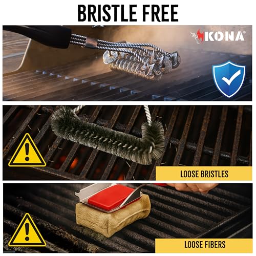 Kona Safe/Clean Grill Brush - Bristle Free BBQ Grill Brush for Outdoor Grill- 100% Rust Resistant Stainless Steel Barbecue Grill Cleaner - Safe for Porcelain, Ceramic, Steel, Cast Iron, Grilling Gift