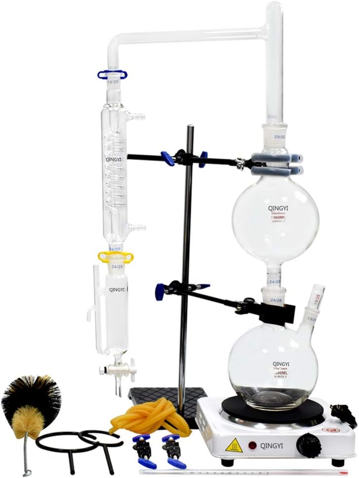 500ml Essential Oil Distillation Apparatus Lab Glassware Kits with Hot Stove Graham Condenser Separating Funnel Water Distiller Purifier 24/40 Joint (500ml)