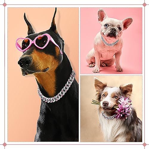 Image of LEIFIDE Dog Chain Collar Diamond Link Puppy Collar 12 mm Wide Dog Necklace Metal Cat Chain Pet Crystal Necklace Jewelry Accessories for Small Medium Large Pet(10 Inch,Silver, Pink White)