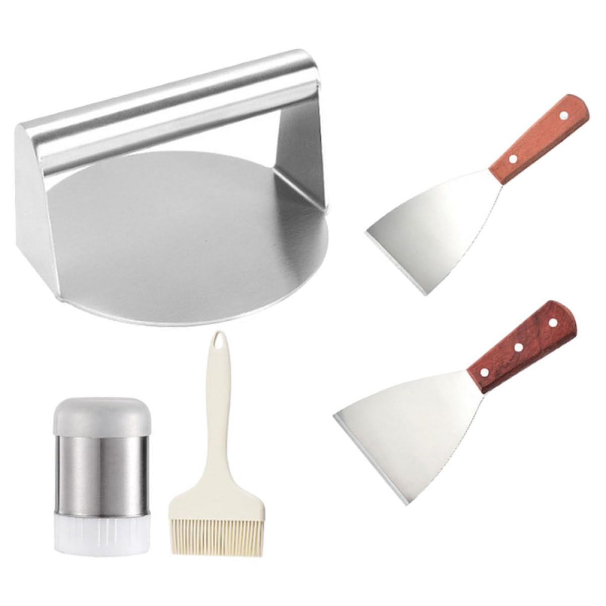 Set Utensili Bbq in Acciaio Inossidabile Legno e Silicone per Grigliata Esterna, 5 Pezzi Schiaccia Hamburger, Spatola e Boccetta per Condimenti