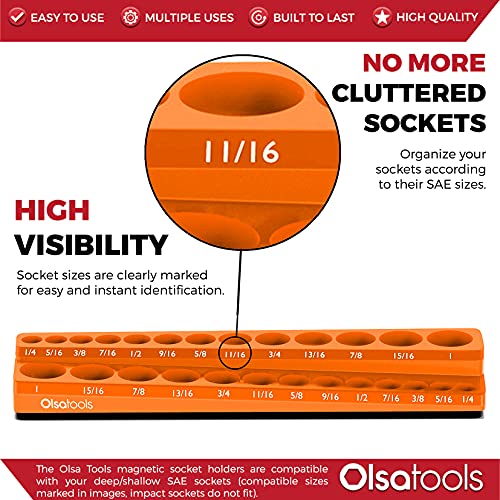Image of Olsa Tools Magnetic Socket Organizer - 3 /8-Inch Drive SAE Socket Holder with Strong Magnets - Professional Tool Holder and Organizer - Stores up to 26 Sockets - Orange - Part: 1291
