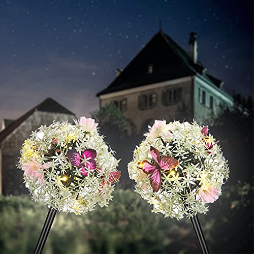 Solar Garden Butterfly Ball Flower Lights with Sunflower Flickering,Landscape Decoration Lighting for Yard Garden Outdoor Patio Pathway Deck 2 Pack