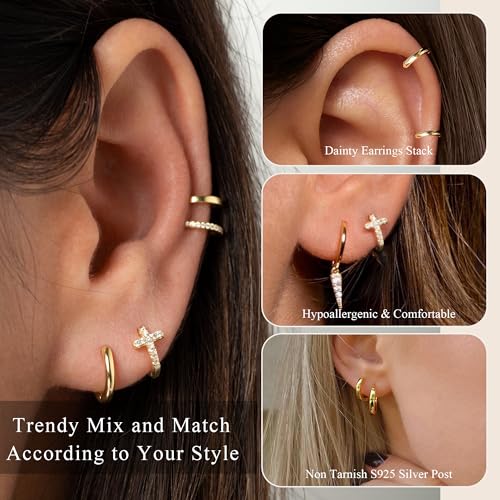 DORANA Gold Huggie Earrings Set for Women Hypoallergenic Dainty Small Cross Cubic Zirconia Lightweight Stackable Huggie Hoops Earring for Multiple Piercing by DORANA - Used condition - US$12.02