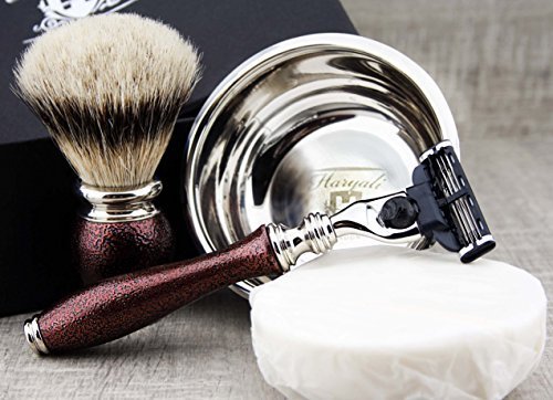 Haryali Maroon Antique zestaw do golenia dla mężczyzn z 3-krawędziową maszynką do golenia, srebrną szczotką z włosia borsuczkowego, miską do golenia, pisakiem do launu i mydłem do golenia