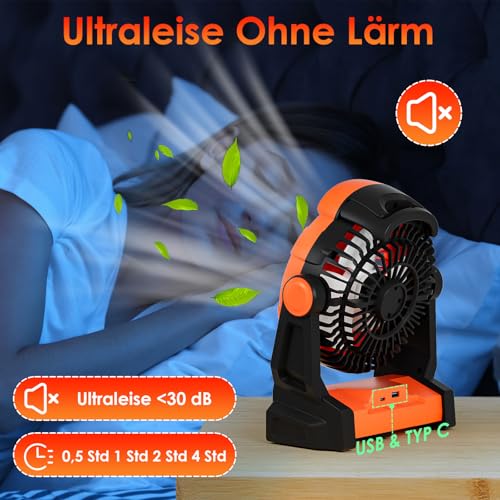 Dreamhigh® 15000mAh Akku Ventilator mit LED Lampe, Tragbarer Camping Ventilator, 3 Geschwindigkeiten, 270° Drehung, Tischventilator für Strand, Wandern & Outdoor – Bild 6