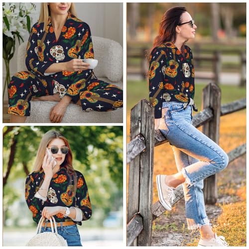 Image of Women'S Long Sleeve Pajama Set Soft Loungewear Button-Down Top & Elastic Waist Pants S- 2XL