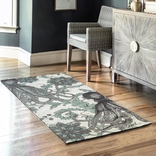 Image of SAGON 2x5 Ft Printed Runner Carpet - Cotton Bedside Rug for Bedroom & Living Room (Octo-Flora Design)