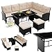 Juskys Polyrattan Lounge Manacor mit Ecksofa, Esstisch, 2 Hocker & Kissen - wetterfest bis 7 Personen - Bezüge waschbar - Rattan Garten Sitzgruppe Gartenlounge Gartenmöbel Set - Schwarz/Creme