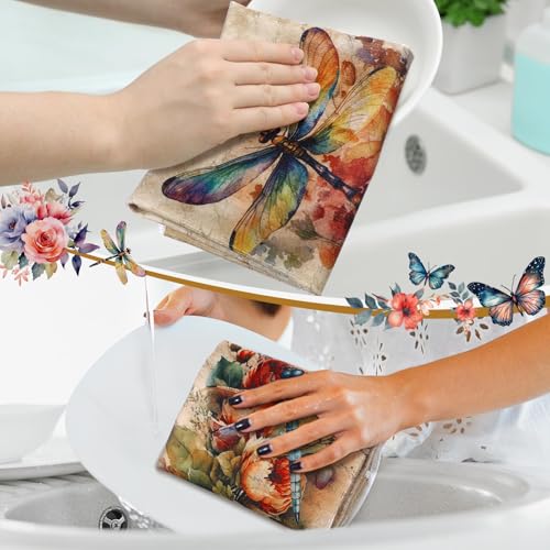 Image of Bencailor 6 Pcs Butterfly Flower Kitchen Towels Decorative Sets Dish Towels Absorbent Fast Drying Hand Tea Vintage Hanging Reusable Cleaning Dishcloths for Cooking Farmhouse Bathroom Accessory