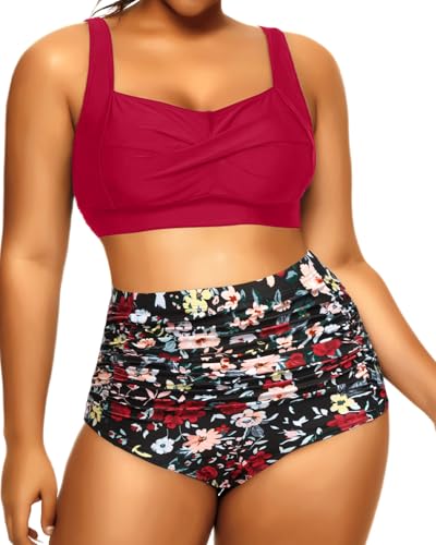 Daci Women's Plus Size Bikini Sets - High Waisted Two-Piece Swimsuits with Tummy Control Red and Floral 16W