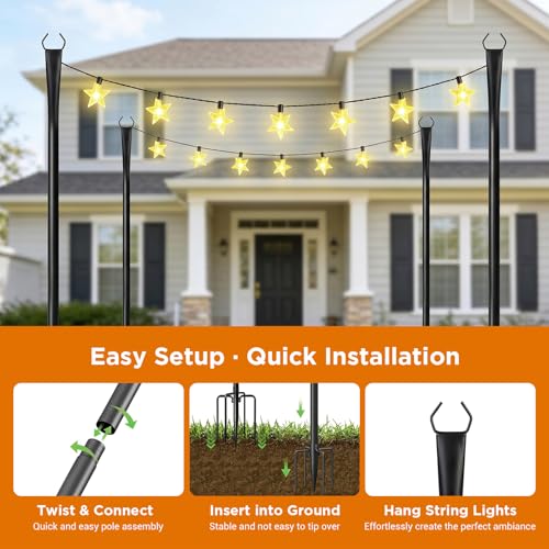 10FT String Light Poles, Heavy Duty Outdoor Light Pole Stand, 5-Prong Reinforced Steel Base, Anti-Rust, for Patio Garden Deck, Support Bistro & Edison Bulb Lights (2 Pack) - image 6