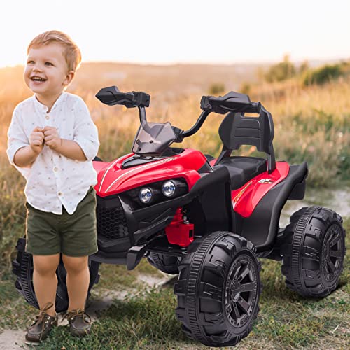OTTARO Ride on ATV 2 Seater, 12V 4 Wheeler Electric Quad for Kids 3-8 w/ 17\" Length Seat, LED Lights, 2 Speeds, Soft Braking, Rear Pedal & Backrest (Red)